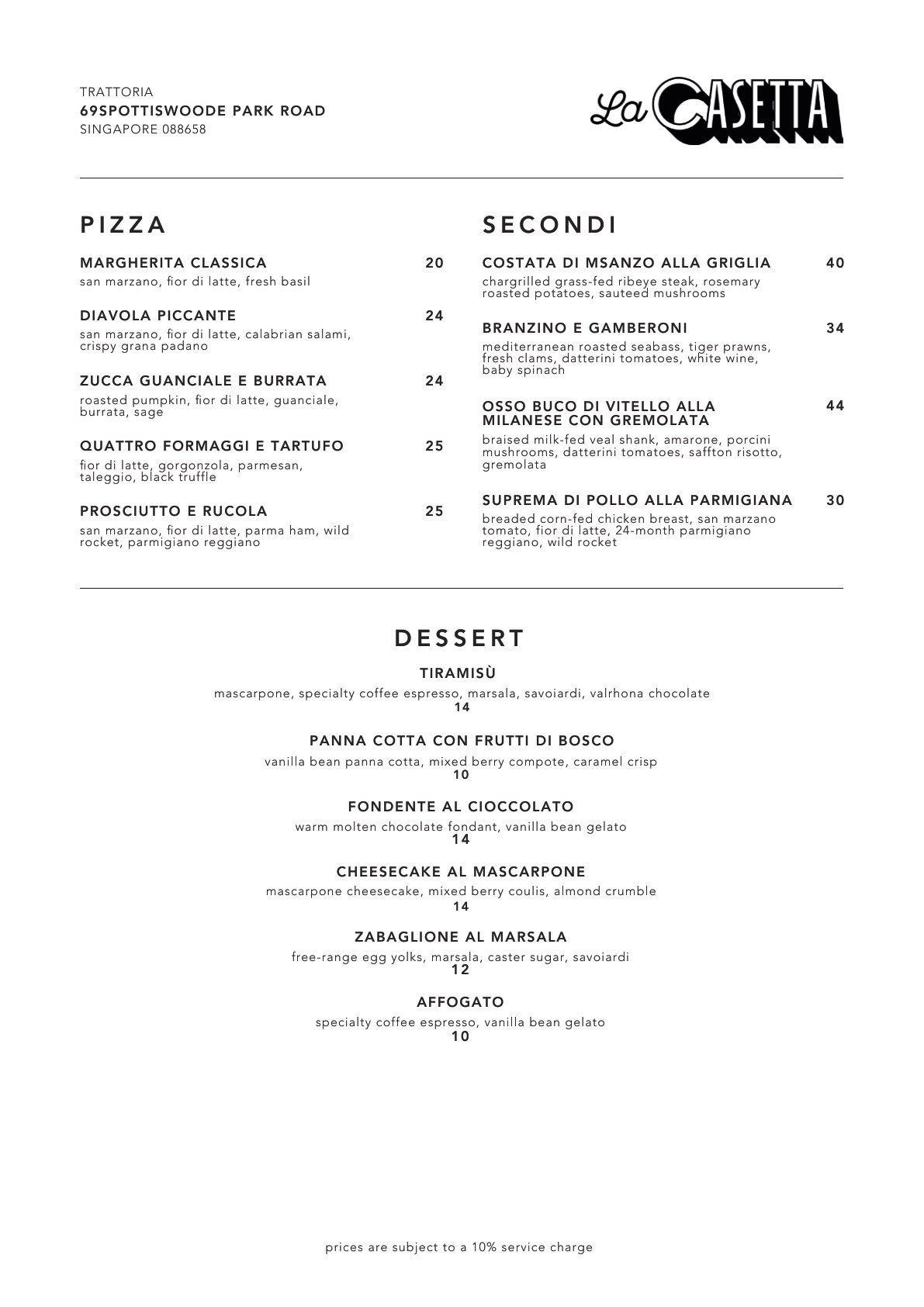 La Casetta menu — pizza, secondi, and desserts