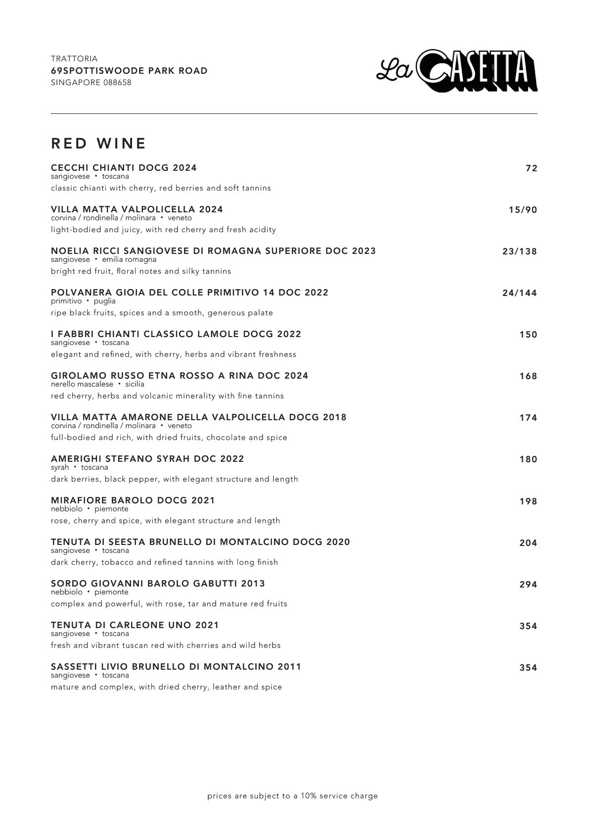 La Casetta menu — red wine