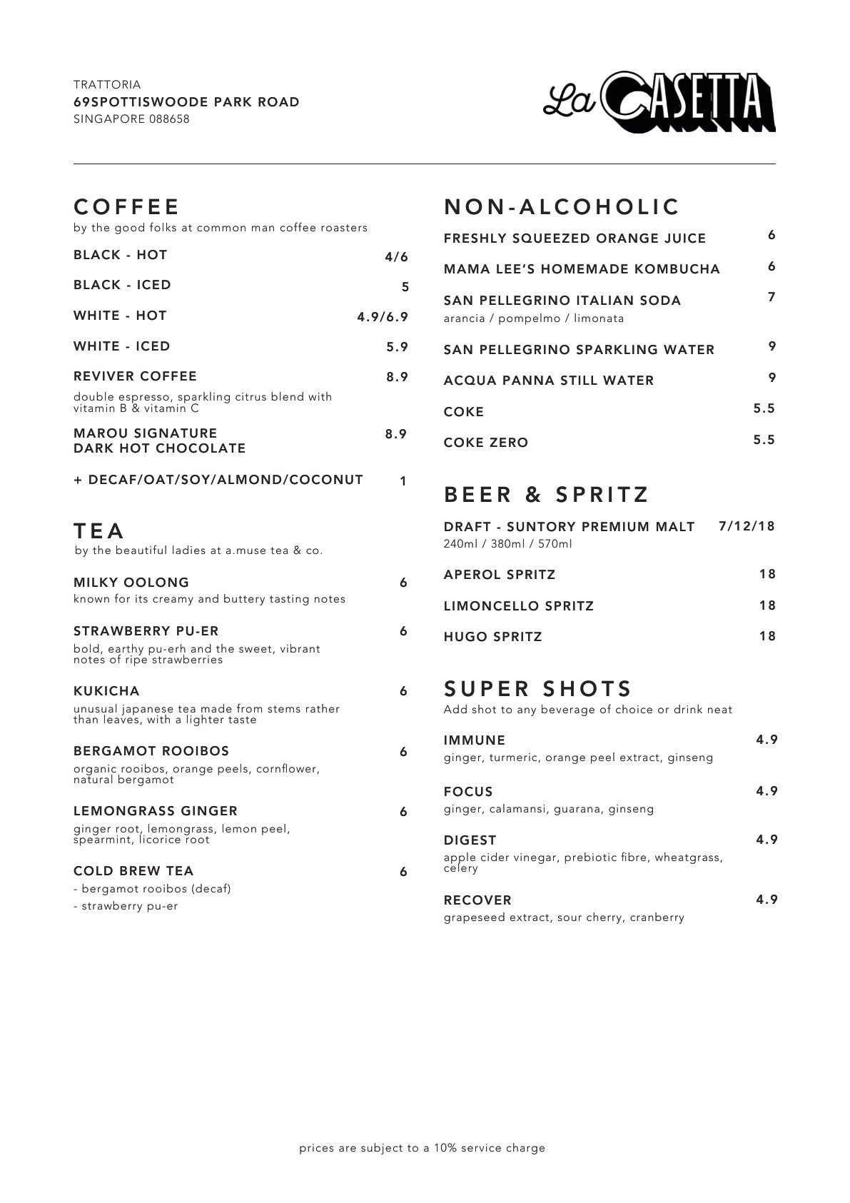 La Casetta menu — coffee, tea, non-alcoholic drinks, beer, and spritz